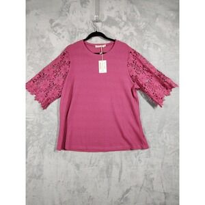 Grace + Emma Magenta Waffle Knit Top Floral Crochet Lace Sleeve XL NWT